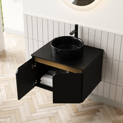 Black 24" Bathroom Vanity: Ceramic Basin With Stone Pattern And Sintered Countertop, Twill - Double Door Cabinet Soft Close Damper Floating Basin, Counter, Mechanism