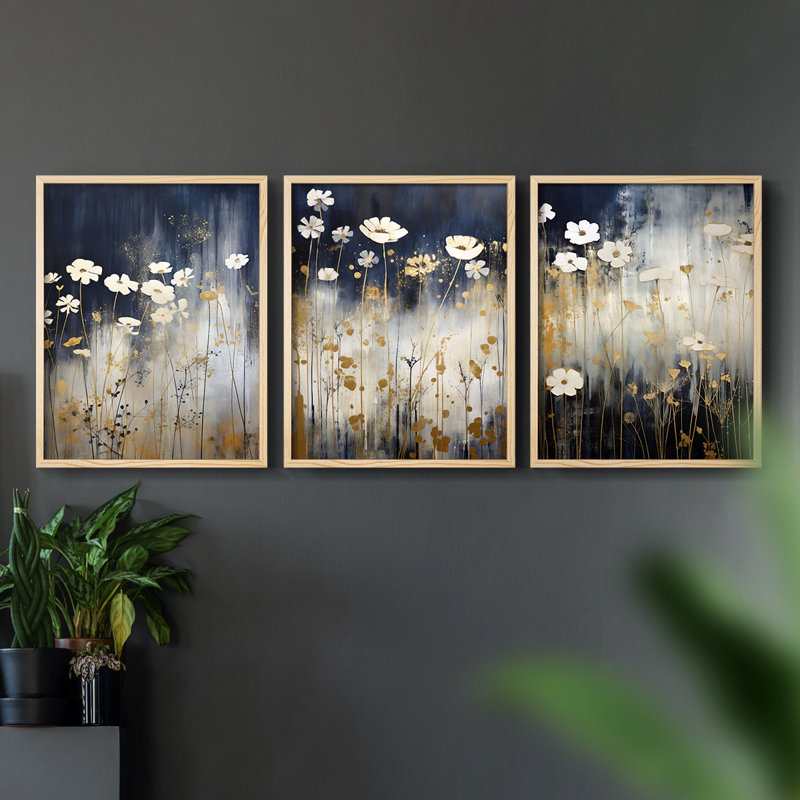 Étude florale Cxxxi -Set de 3 estampes numériques encadrées -Prêt à, H 10 po x l 8 po, Encadré naturel