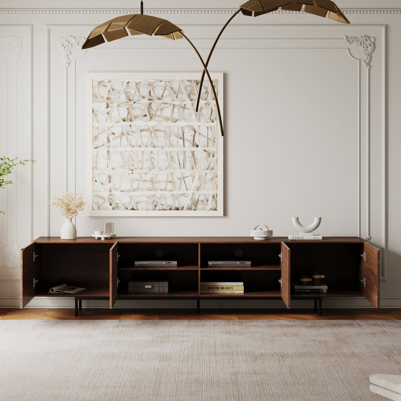 Meuble télé 94,48 po de style Mid-Century moderne, console média en bois pour téléviseur de 85 à 100 po, centre de divertissement de salon