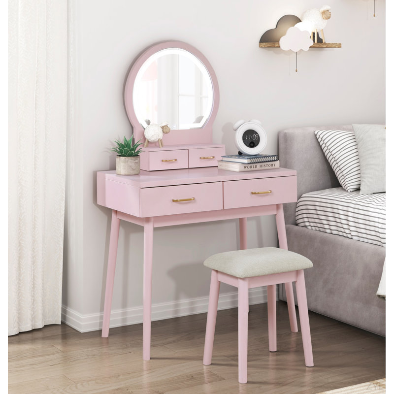 Beautiful Pink Finish Vanity Dresser With Mirror And Stool Set Storage Drawers Bedroom Furniture 1Pc, Pink