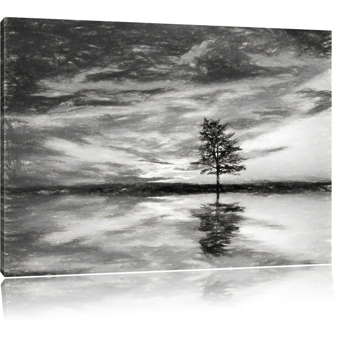 Leinwandbild Insel mit Baum in Schwarz/Weiß