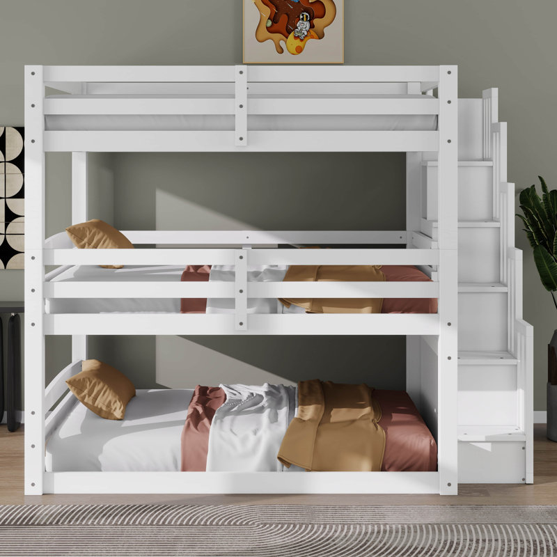Lit superposé triple double avec escalier de rangement et garde-corps pleine longueur, lit séparé en 1, support à lattes pour les adultes