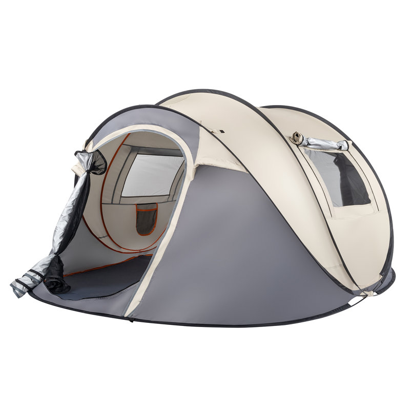 Tente de camping pop-up beige 3-4 personnes, tente de dôme automatique instantanée avec poteaux en fibre de verre et sac de transport, abri familial extérieur
