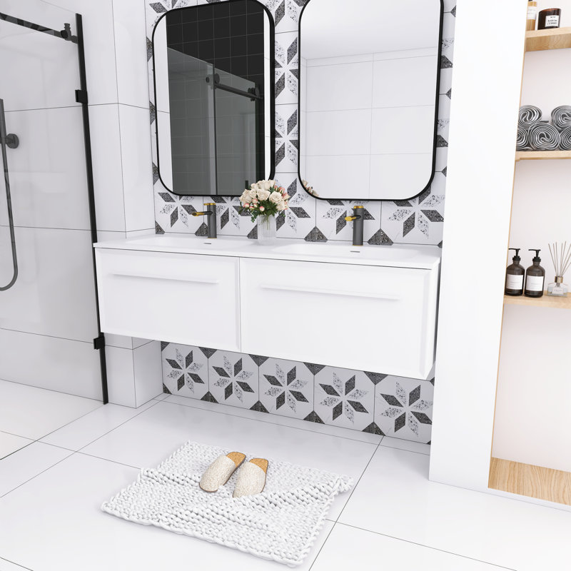 60 in. White Double Sink Wall-Mounted Bath Vanity with Solid Surface Top