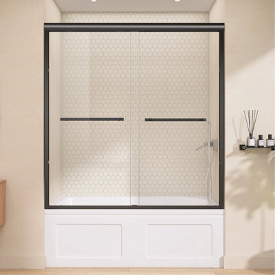 Porte de baignoire coulissante double en aluminium noir mat semi-encadré avec porte en verre 56 po - l 62 po x H 62 po avec verre trempé transparent