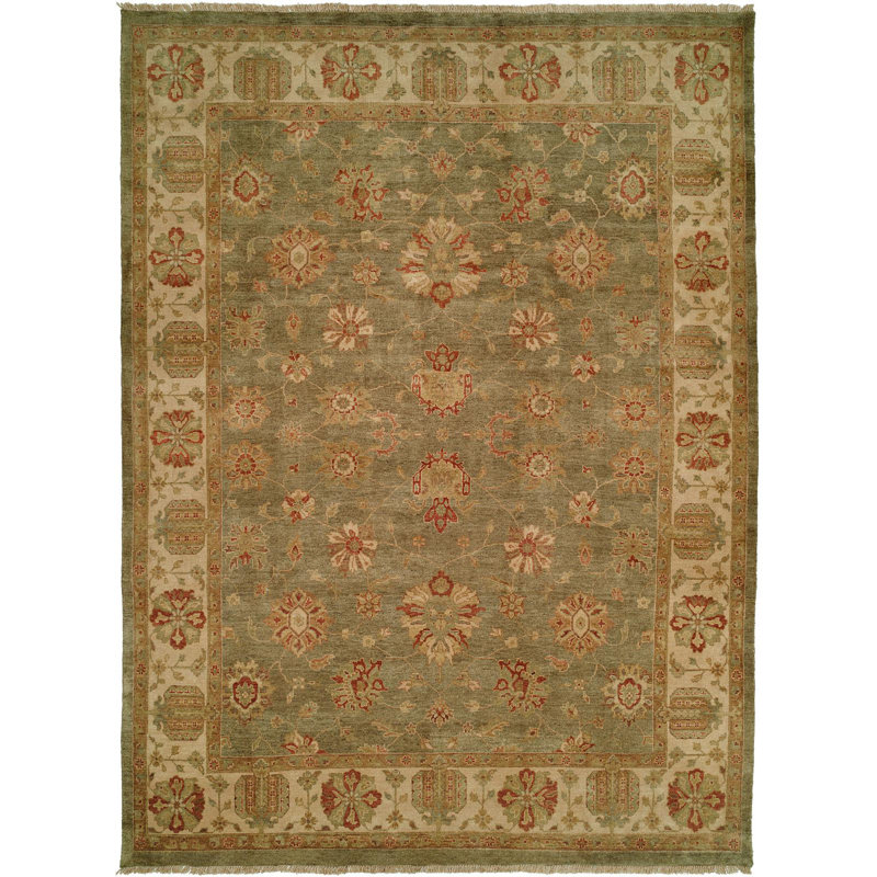Tapis oriental vert / ivoire en laine noué à la main, Rectangle 15 pi 6 po x 24 pi