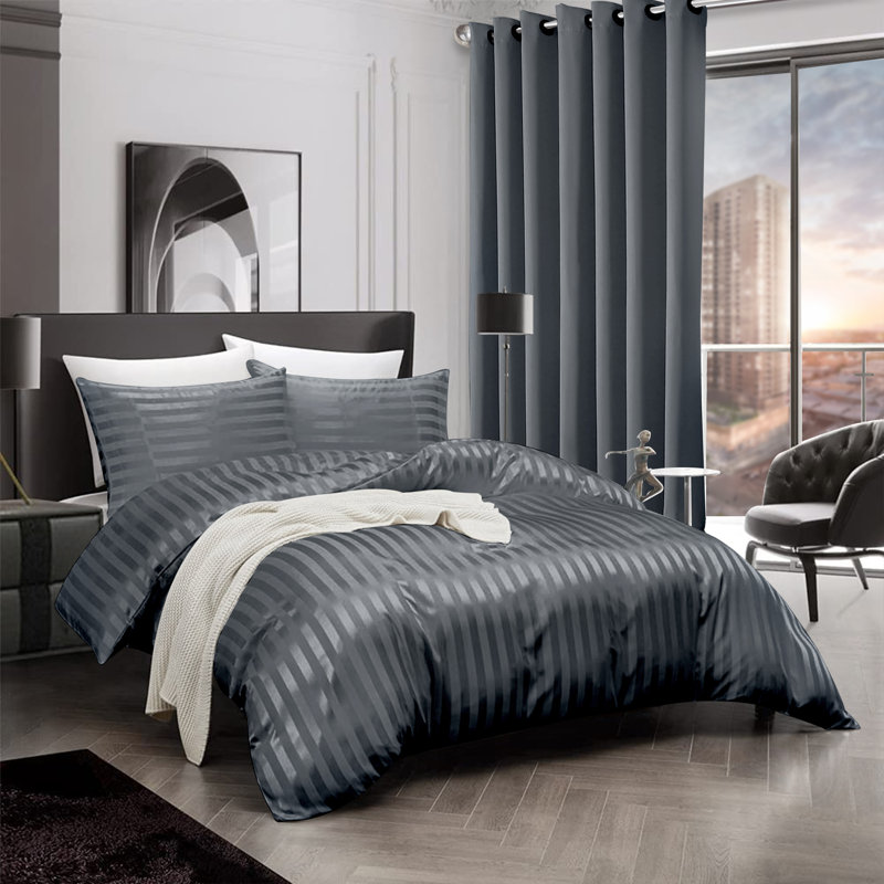 Microfiber Striped Bedding with Pillowcases, King Duvet Cover + 2 Standard Pillowcases, Charcoal