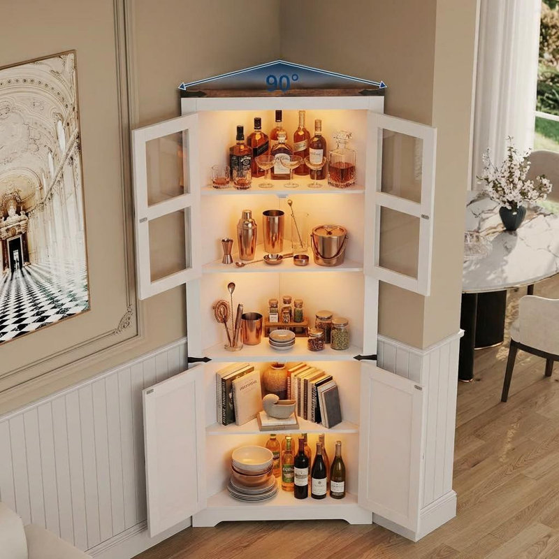 Farmhouse Corner Cabinet, Tall Corner Storage Cabinet with Glass Door & Adjustable Shelves, Bathroom Cabinet with Storage for Living Room, Kitchen, Bathroom