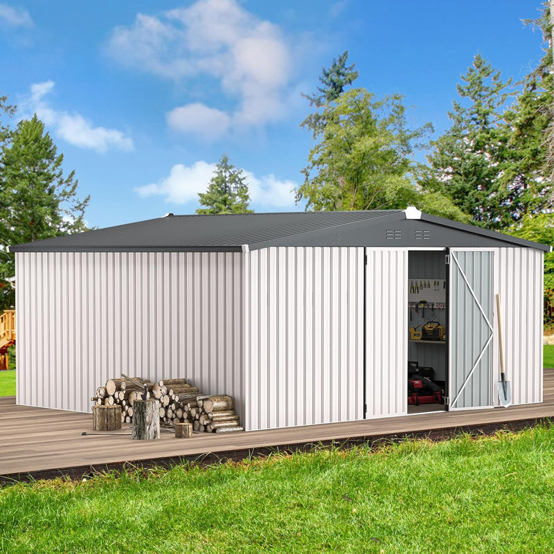 14' X 12' Shed Outdoor Metal Storage, White/Gray