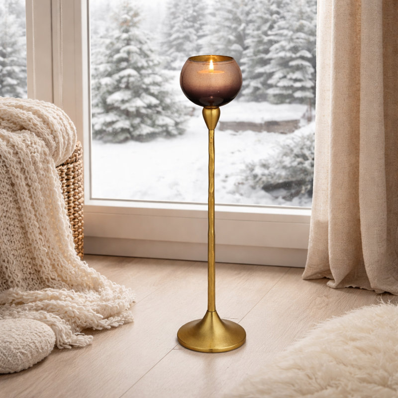 Decorative Pillar Candle Holder with Metal Base - Modern Tabletop or Floor Candle Holder for Table and Living Room Decor - Gold & Metallic