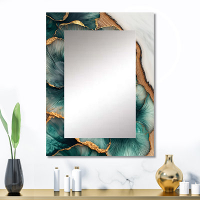 Emerald Leaves Wood Slide II - grand miroir géode en pierre, décor de miroir mural traditionnel unique, impression d'art en métal