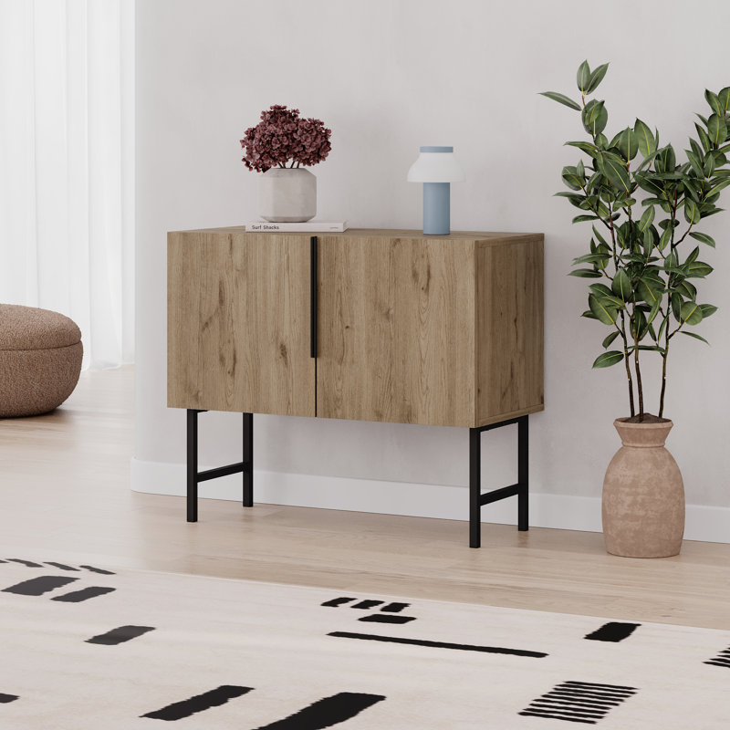  Modern Console Cabinet With Black Metal Legs, Living Room, Natural Oak