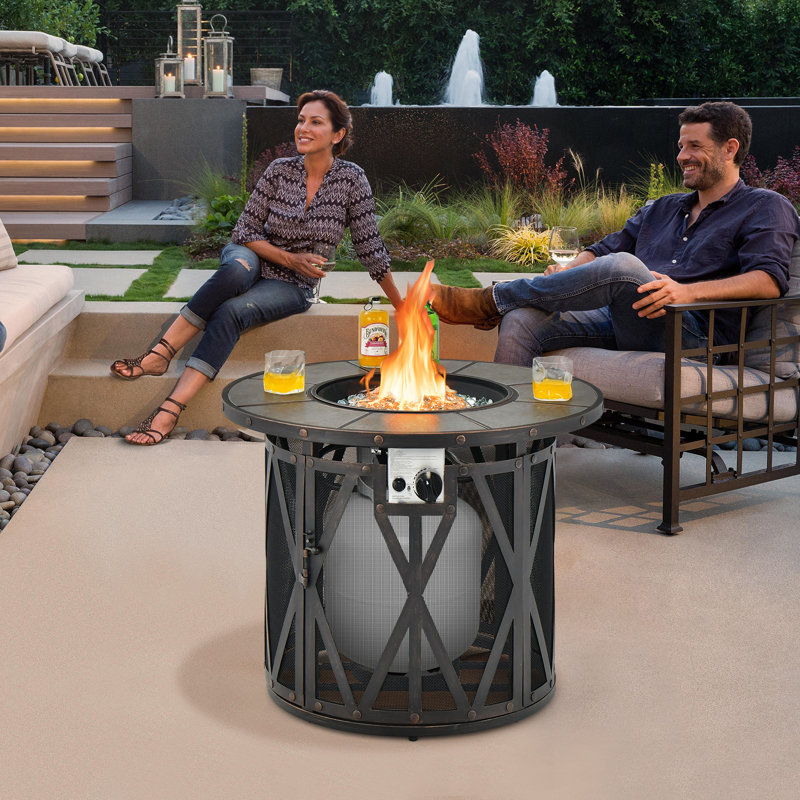 Laklynn 25'' H x 32'' W Iron Propane Outdoor Fire Pit Table with Lid