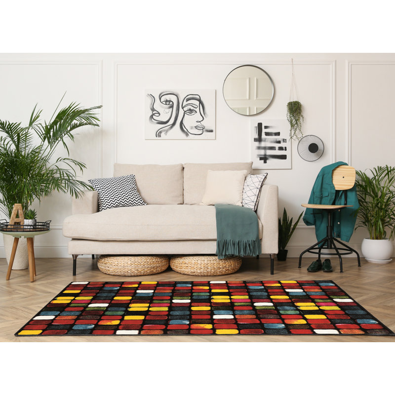 Tapis rouge / jaune à motif géométrique Lindie, Rectangle 8 pi x 10 pi 3 po