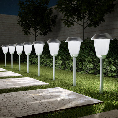 Set of 8 Solar Outdoor Lights - 16-Inch-Tall Stainless-Steel Path Stake Lighting for Garden, Landscape, Yard, and Driveway by Pure Garden (Gunmetal)