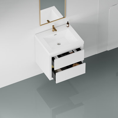 De meuble-lavabo mural blanc brillant avec plateau en résine de pierre et tiroirs de rangement à fermeture en douceur