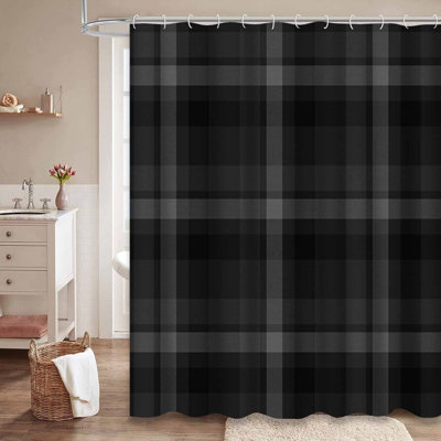 Plaid Tartan Cloth Black White Shower Curtain with 12 Hooks