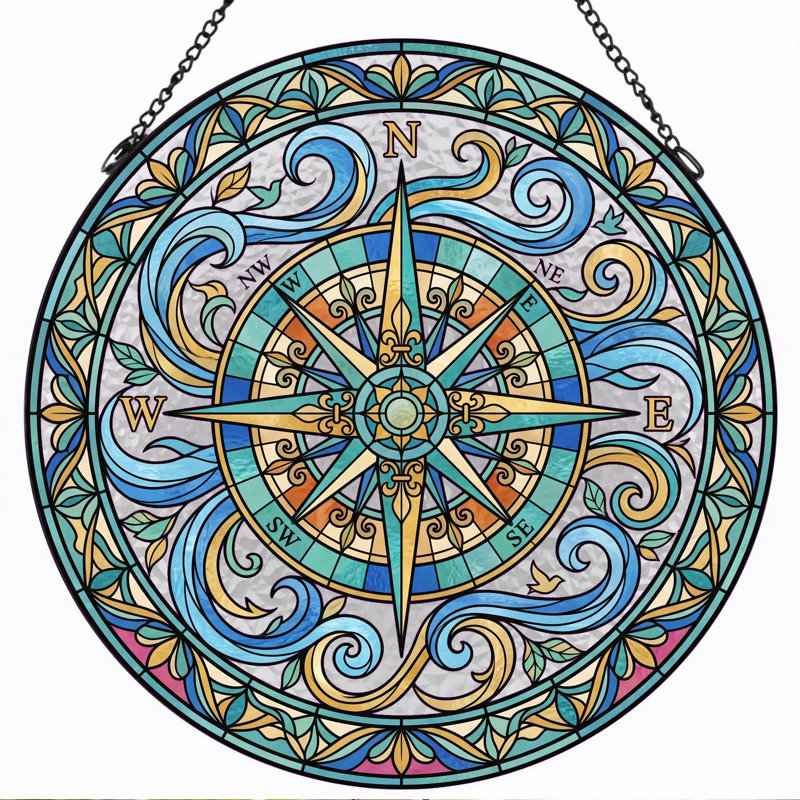 Compass Rose Stained Glass Window Panel，7.8H, 7.8"H