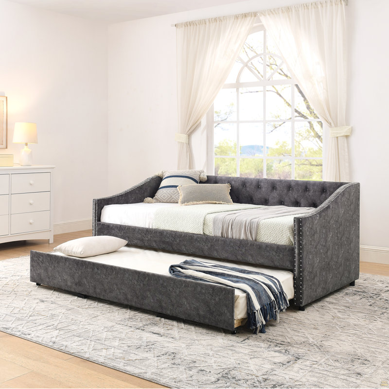 Lit de jour simple avec charge USB et lit extensible escamotable, Gris