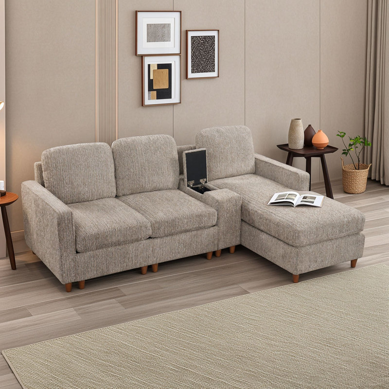 Canapé d'angle réversible 3 places en forme de L avec console de rangement, méridienne et accoudoirs carrés pour salon