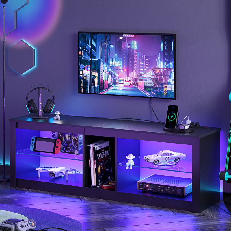 Meuble télé Roika pour meuble télé 60 po avec tablettes en verre et prise de courant Roika, Fibre de carbone