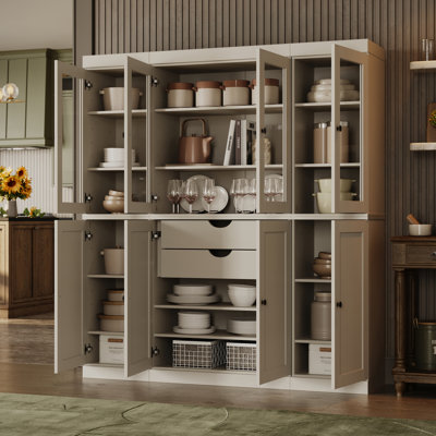 Vaisselier 100% bois massif, portes Shaker en verre transparent, 2 tiroirs, tablettes réglables, largeur 65 po, hauteur 71,5 po