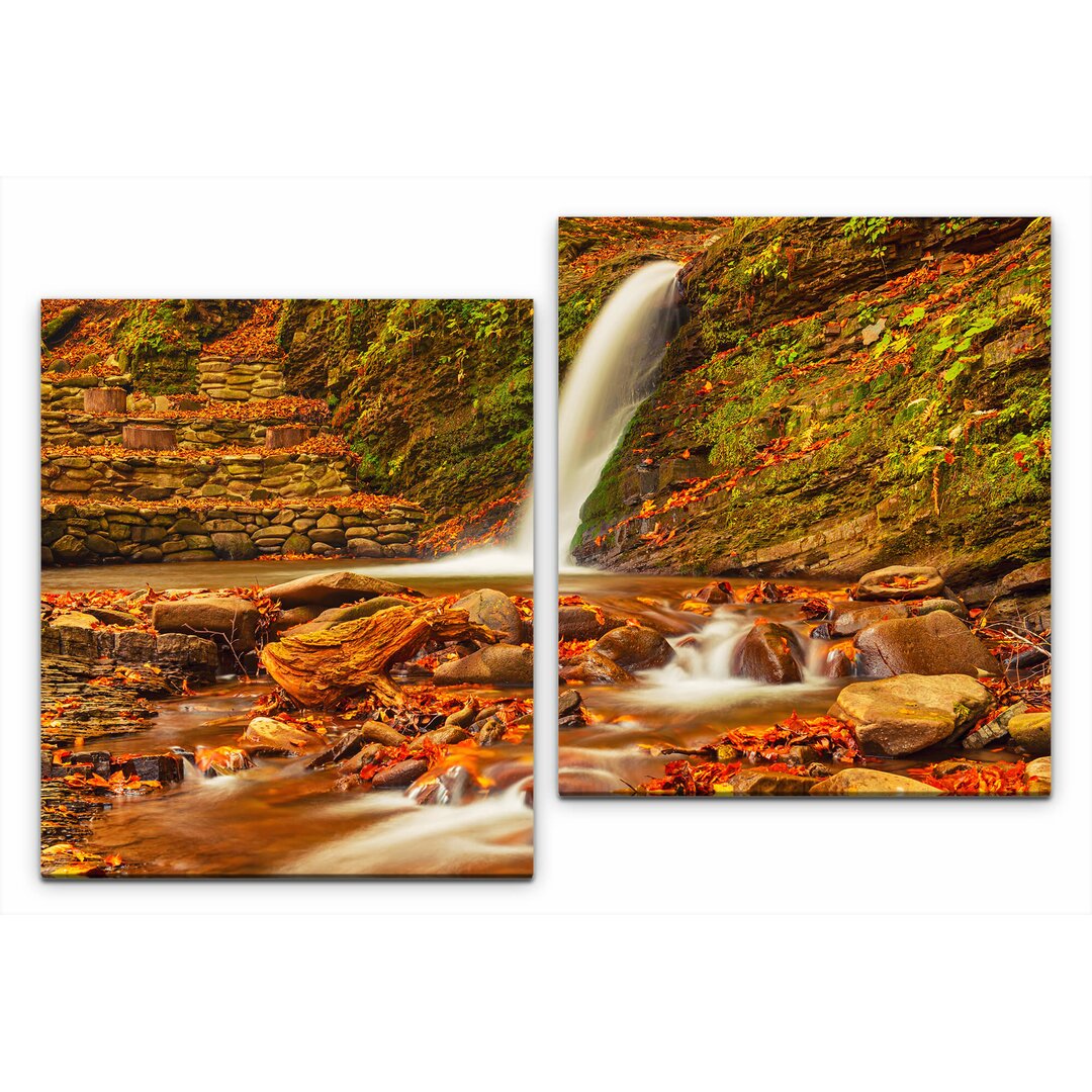 2-tlg. Leinwandbilder-Set Wasserfall aus einem Berg