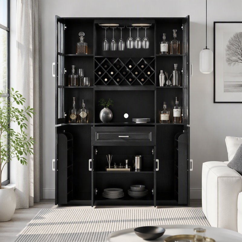 Grande armoire à vin avec porte-bouteilles, porte-verres, tiroir et tablettes réglables, Noir