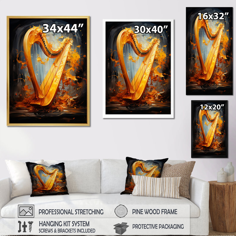 Majestic Golden Yellow Harmonic Harp sur toile, Toile tendue, H 20 po x l 12 po x P 1 po