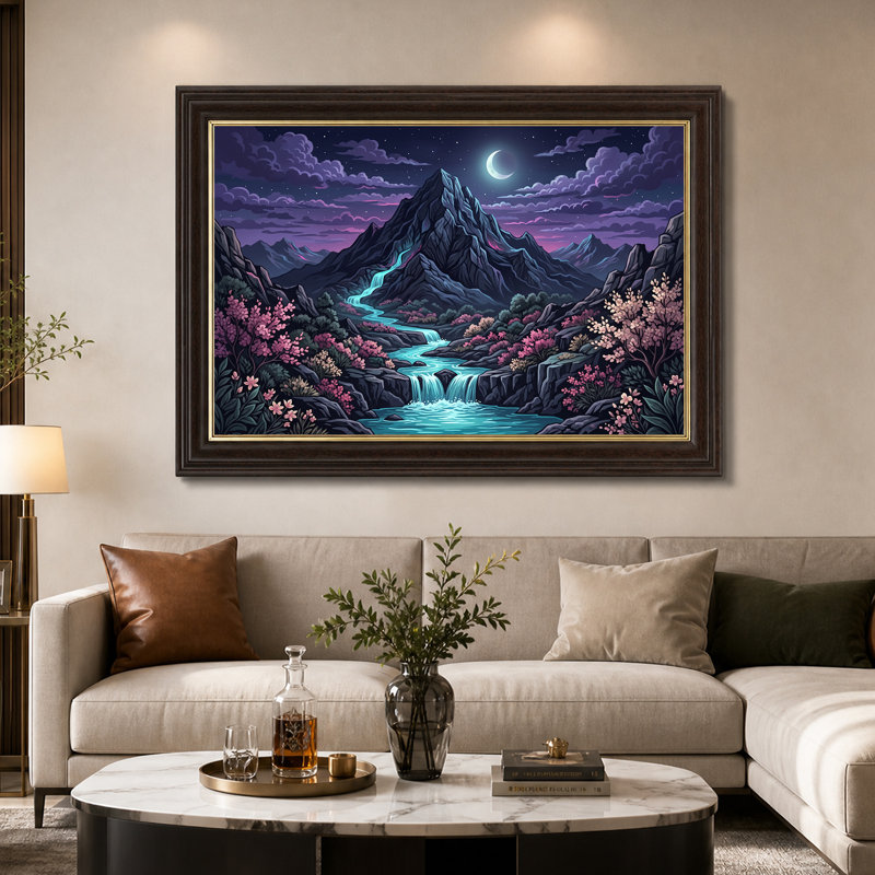 Croissant de lune, cascade de montagne mauve avec arbres roses, art mural sur toile, 12"H x 18"W