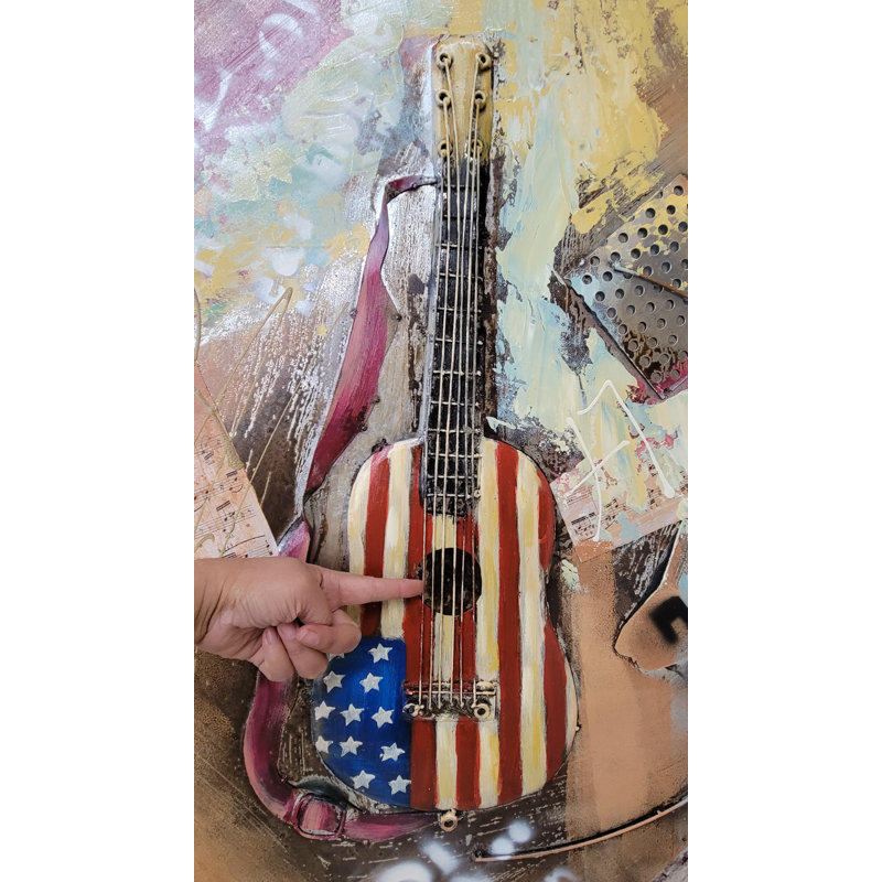 Guitare abstraite colorée avec drapeau américain, peinture à l'huile 3D sur toile en métal