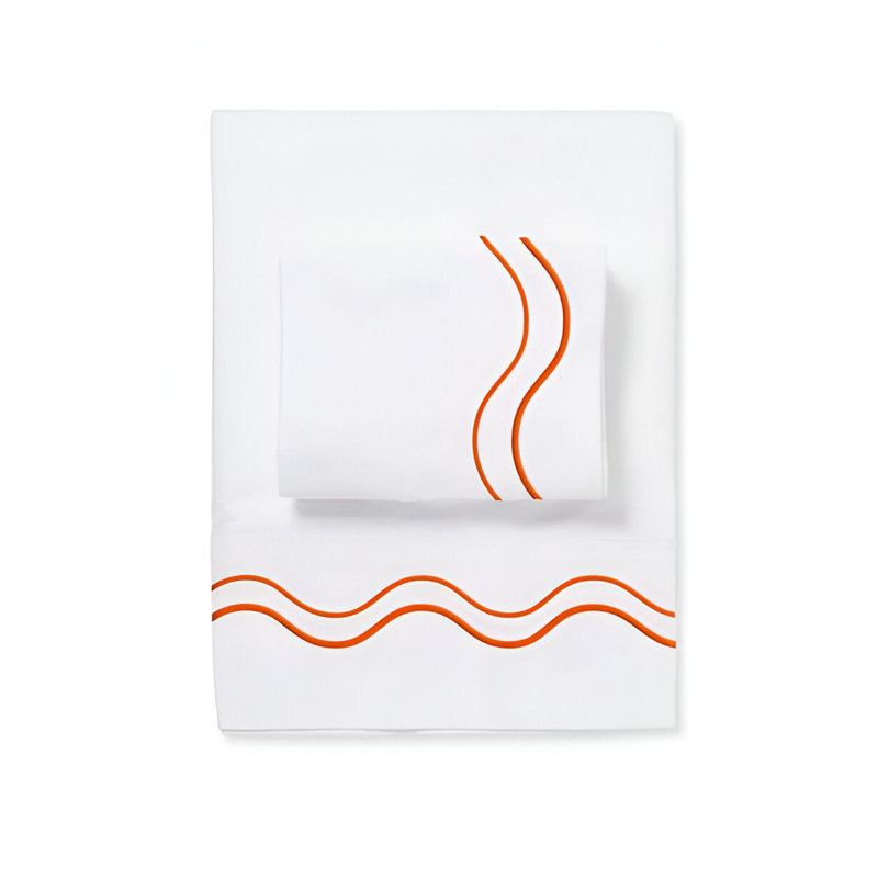 Double Wavy Embroidered Cotton 4 Piece Sheet Set Fitted Sheet Fits Upto 16" Deep Pocket, Orange Border