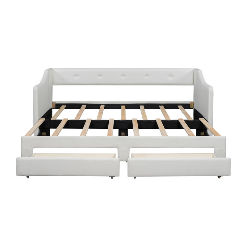 Twin XL to King Size Upholstered Daybed with Two Drawers, Beige