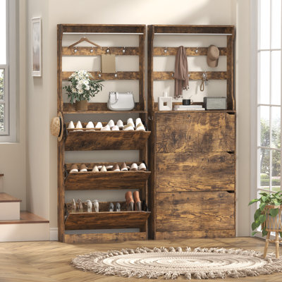 24 Pair Shoe Storage Cabinet 3 Flip Drawers, Adjustable Shelves & 9 Hooks - Space-Saving Entryway Organizer（Set of 2）