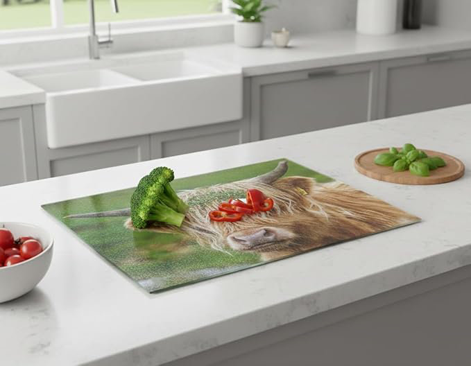 Multicoloured Highland Cow Worktop Saver 5 Mm Tempered Glass Chopping Board Scottish Cattle Design Rectangle Cutting Mat Kitchen Accessory Surface Protector Serving Plate Vanity Decor 60 X 40 Cm