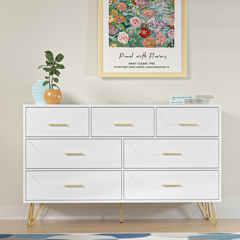 Commode de chambre à coucher avec commode de rangement 7 tiroirs l 47,25 po Belper, Blanc