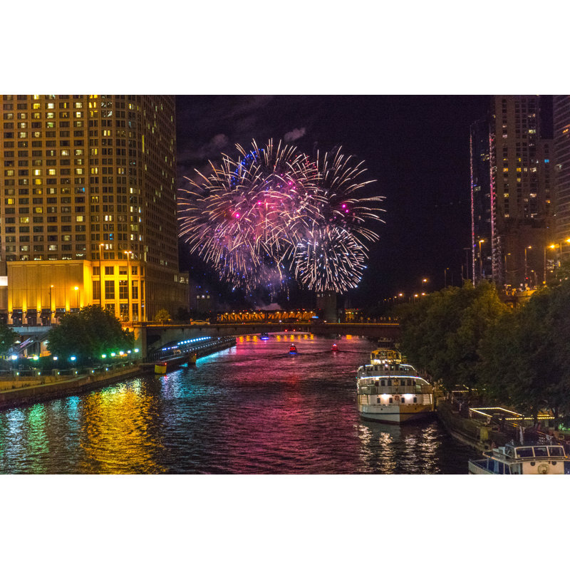 Chicago River Fireworks - Wrapped Canvas Print, 30cm H x 46cm W x 3.8cm D