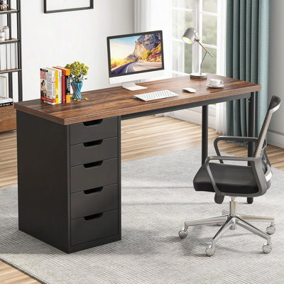 Bureau d'ordinateur 47 po avec 5 tiroirs, armoire réversible et bureau à domicile noir avec rangement