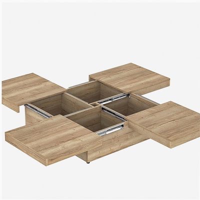 Table basse carrée en placage de bois avec plateau coulissant en grain de bois naturel 39,4 po