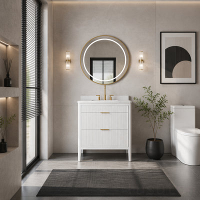 Meuble-lavabo autoportant entièrement assemblé de 30 po avec construction en bois massif et plateau en marbre d'ingénierie