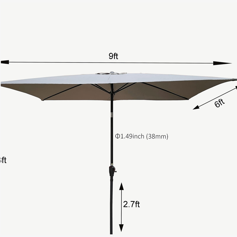 Parasol imperméable d'extérieur 6 x 9 pi avec manivelle et bouton poussoir inclinable sans rabat pour jardin, Gris clair