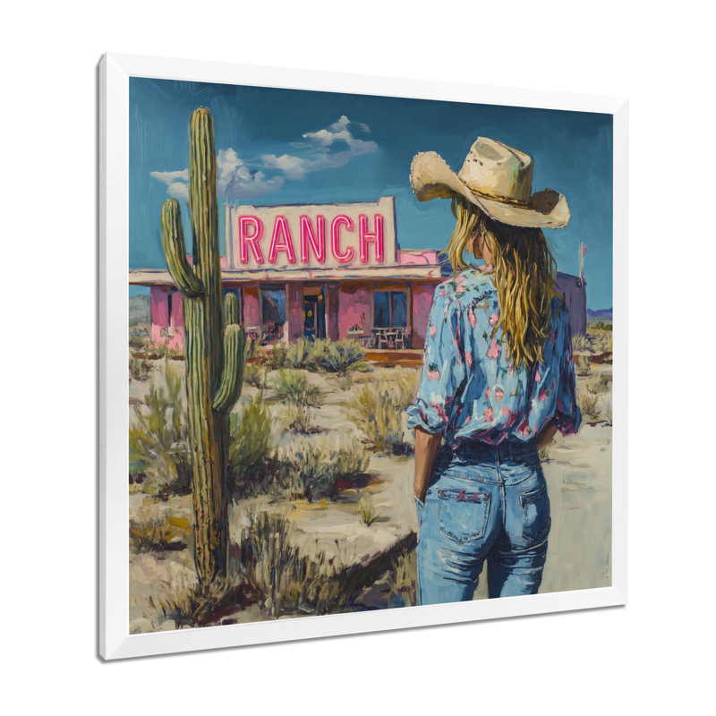 " Desert Ranch Cowgirl ", 36" H x 36" W, White Picture Framed