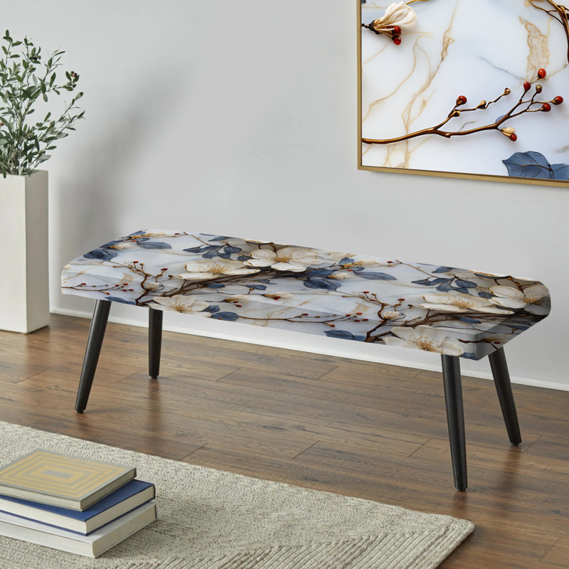 Palette florale blanche en marbre blanc - banc rembourré en marbre noir, Magnolias Vein White And Blue Marble Pattern