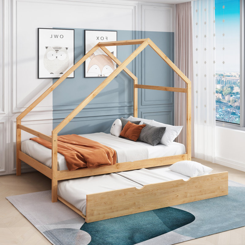 Lit double en bois avec lit gigogne simple, Naturel, Double