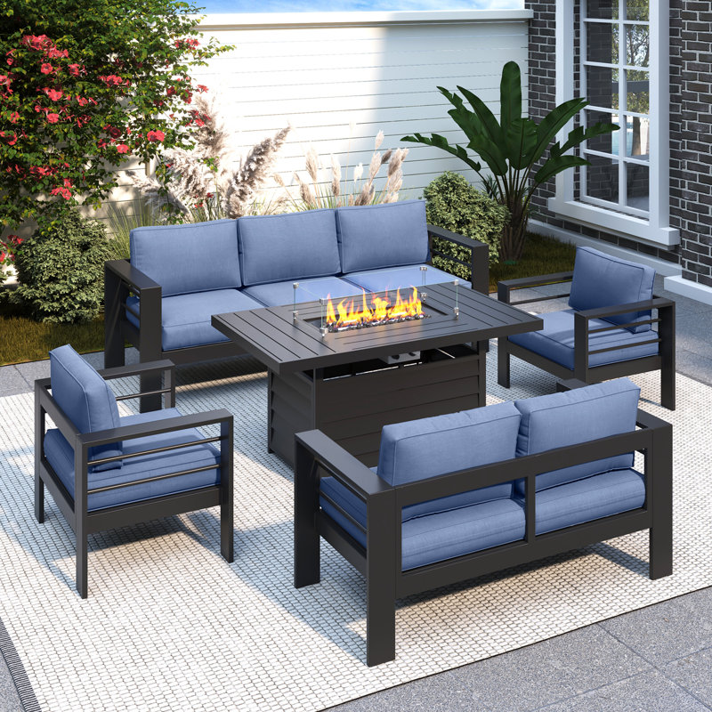 Brandtley 5 - Person Sofa Seating Group with Cushions and 55" Fire Pit Table, Black/Blue