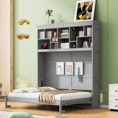 Grand lit escamotable mural avec tablettes supérieures et USB, armoire-lit pliable peu encombrante, gris