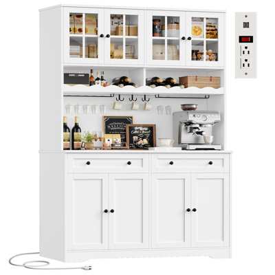 Dayal 75.4"H Modern Kitchen Pantry Cabinet with Charge Station, Large Food Pantry with Microwave Shelf & Wine Storage, Removable Goblet Holder