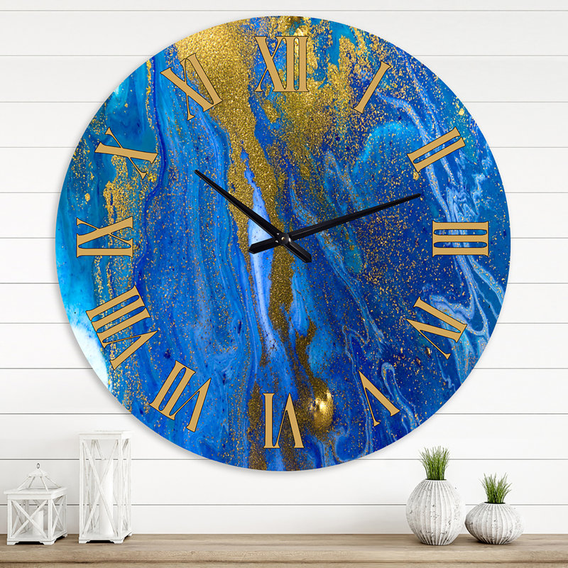 Or et bleu marbré texture ondulée I - horloge murale moderne, Moyen