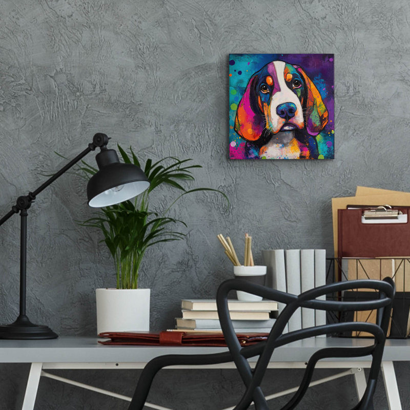  «Woof Basset Hound» par Rich Monet, art mural en verre acrylique, 12 po x 12 po