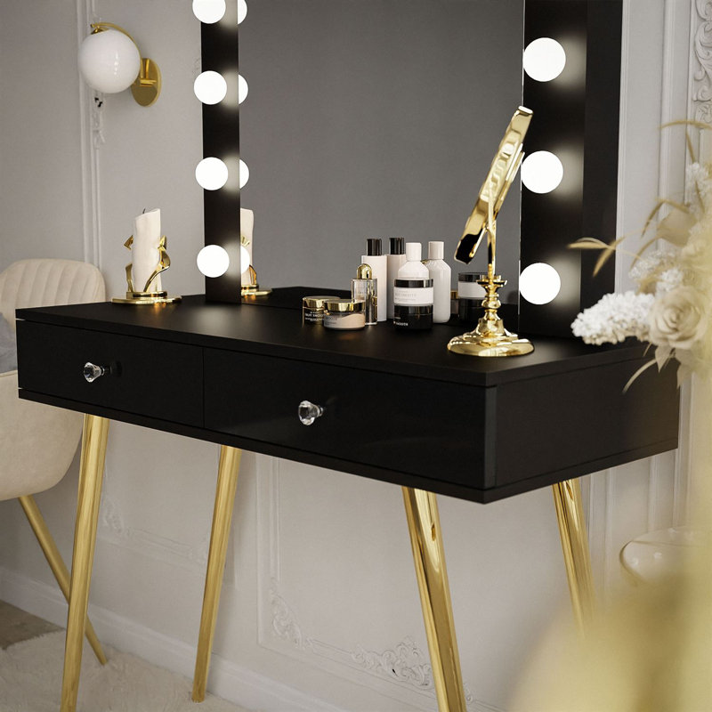 Antonius Dressing Table with Mirror, Gold Chrome/Black